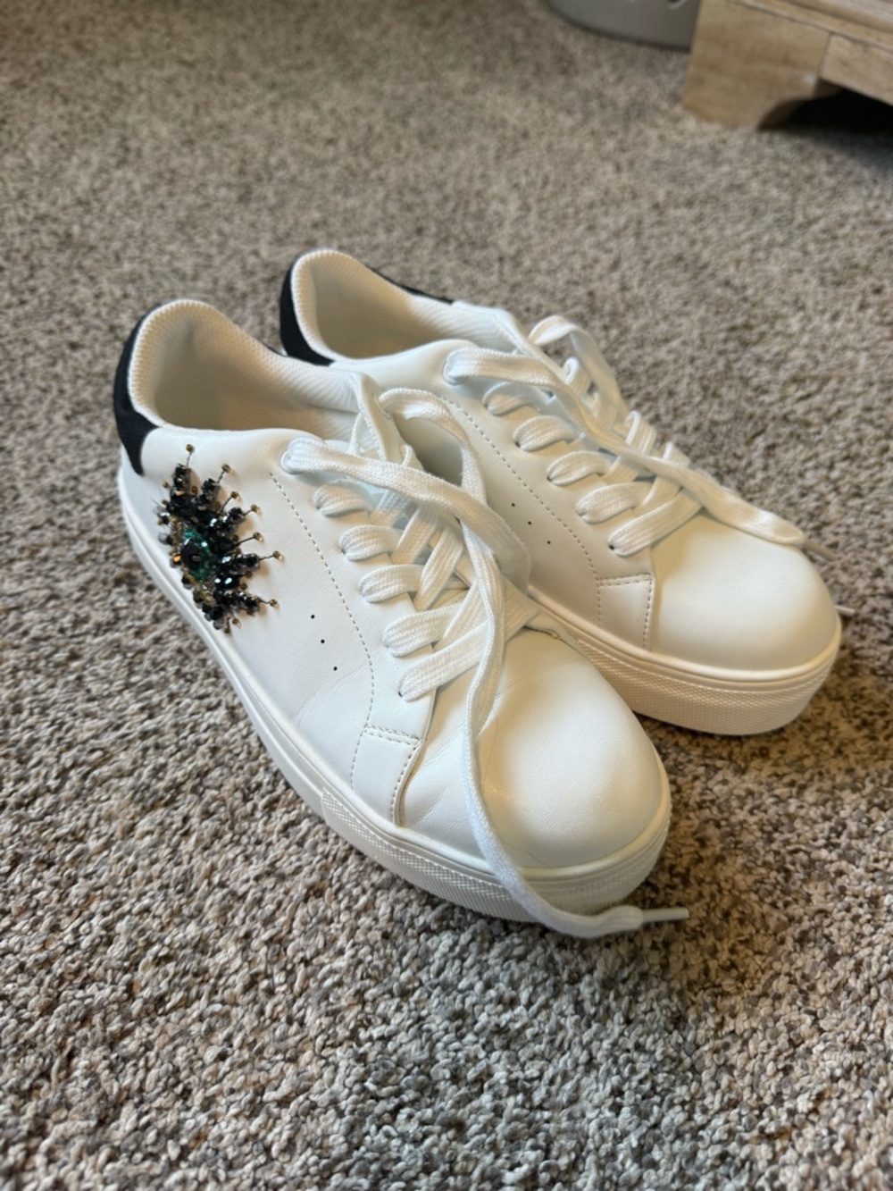 Kurt Geiger White Platform Sneakers with Black Heel and Jewel Embellishment